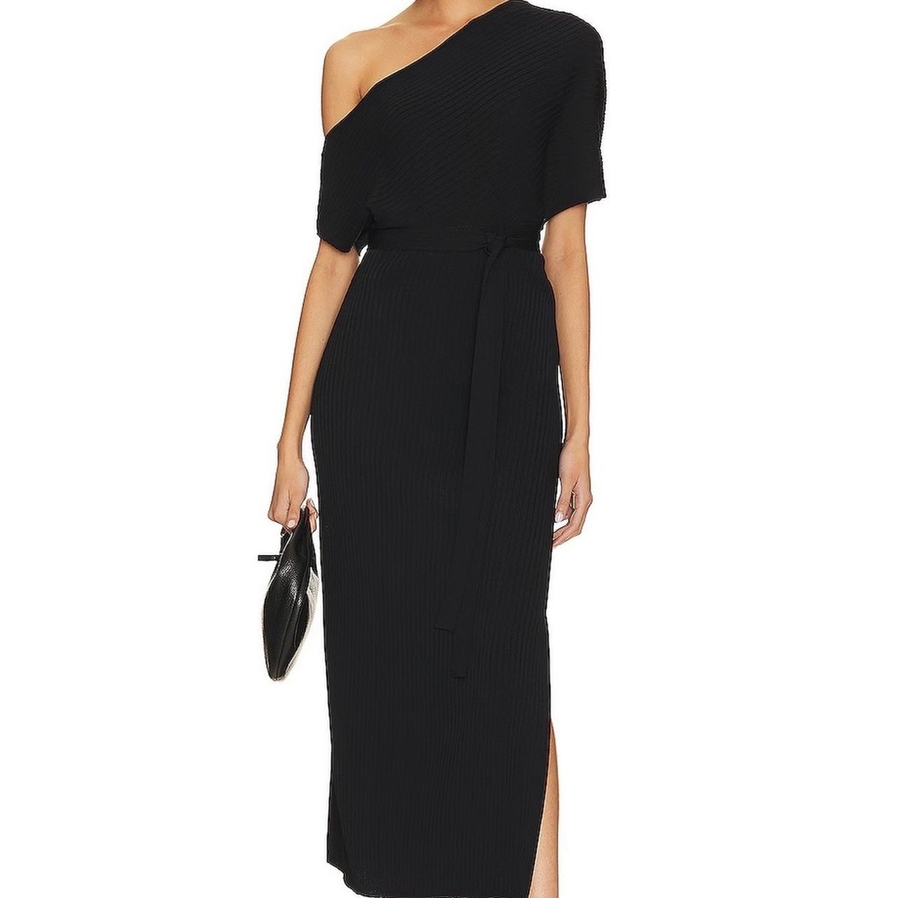 Karina Grimaldi Black One-Shoulder Ribbed Midi Dress